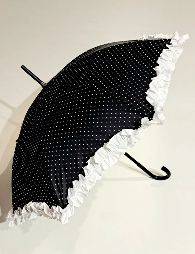 Parapluie femme long manuel noir imprimé à pois blanc & vlant blanc / Guy de Jean France 