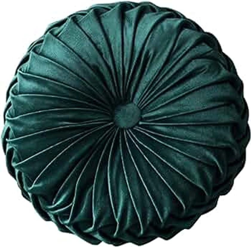 Wanyudz Handcrafted Kürbis-rundes Kissen-Samt-Plissiertes Couch-Kissen für Ausgangssofa-Stuhl-Bett-Boden (Dark Green)