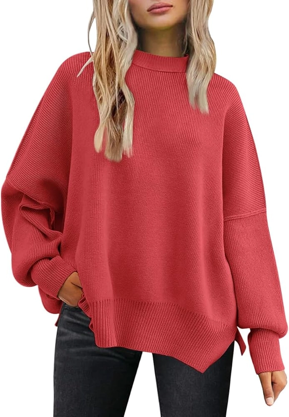 LILLUSORY Women's Oversized Batwing Sweaters 2024 Fall Outfits Crewneck Ribbed Knit Side Slit Trendy Pullover Tops BrightPink M at Amazon Women’s Clothing store