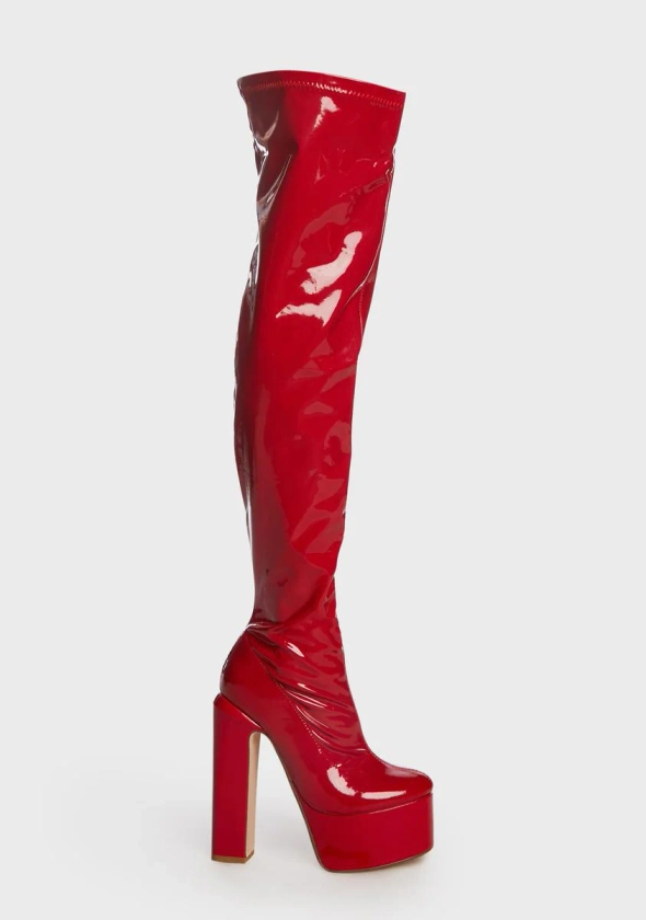 Lemon Drop by Privileged Patent Thigh High Heeled Boots - Red