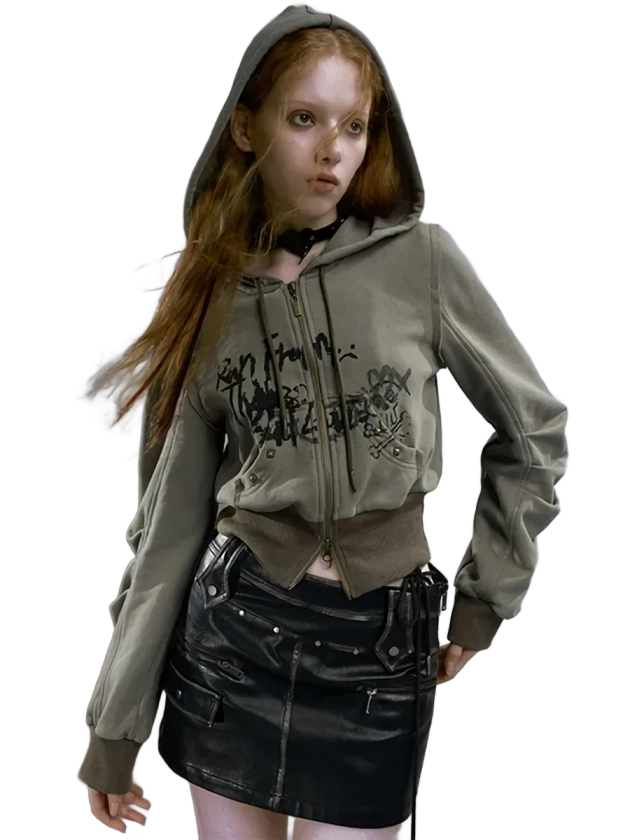 'Wolf' Cropped Zip Up Hoodie