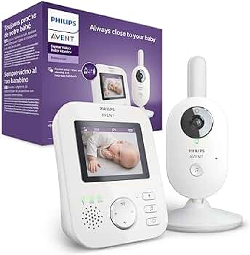 Philips Avent Babyphone Vidéo, Écran Couleur, 100% Privé et sécurisé, 2,7 pouces, Berceuses et fonction Répondre à bébé, Blanc/Gris (Modèle SCD833/26)