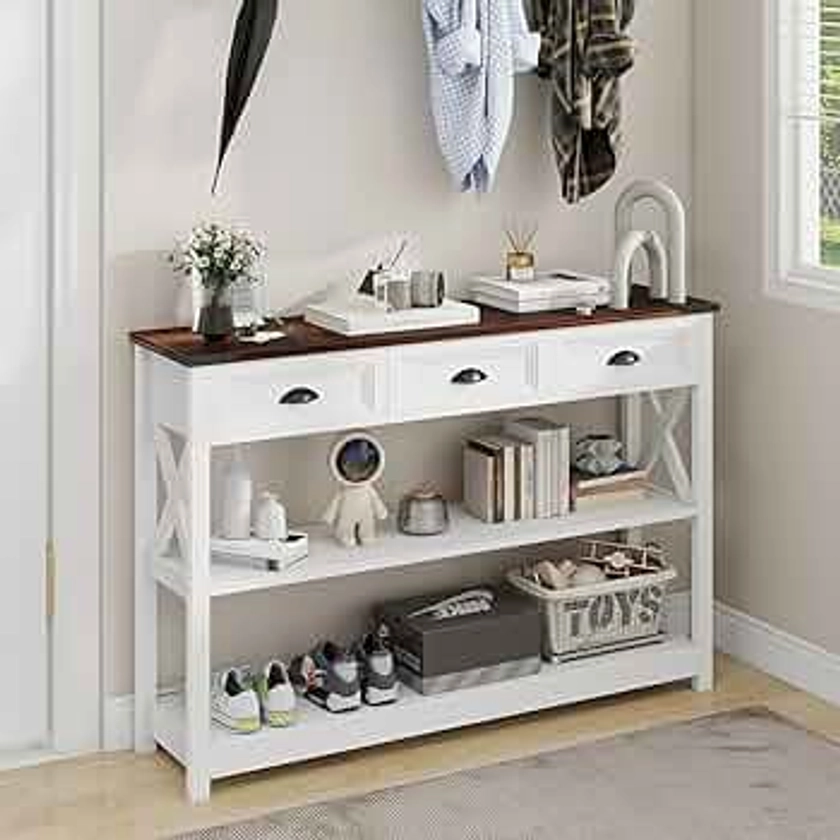 Vabches Sofa Table with 3 Drawers, Farmhouse Narrow Wood Accent Console Table Entryway Table with Storage Shelf for Entryway, Living Room, Foyer, Unique Design, White