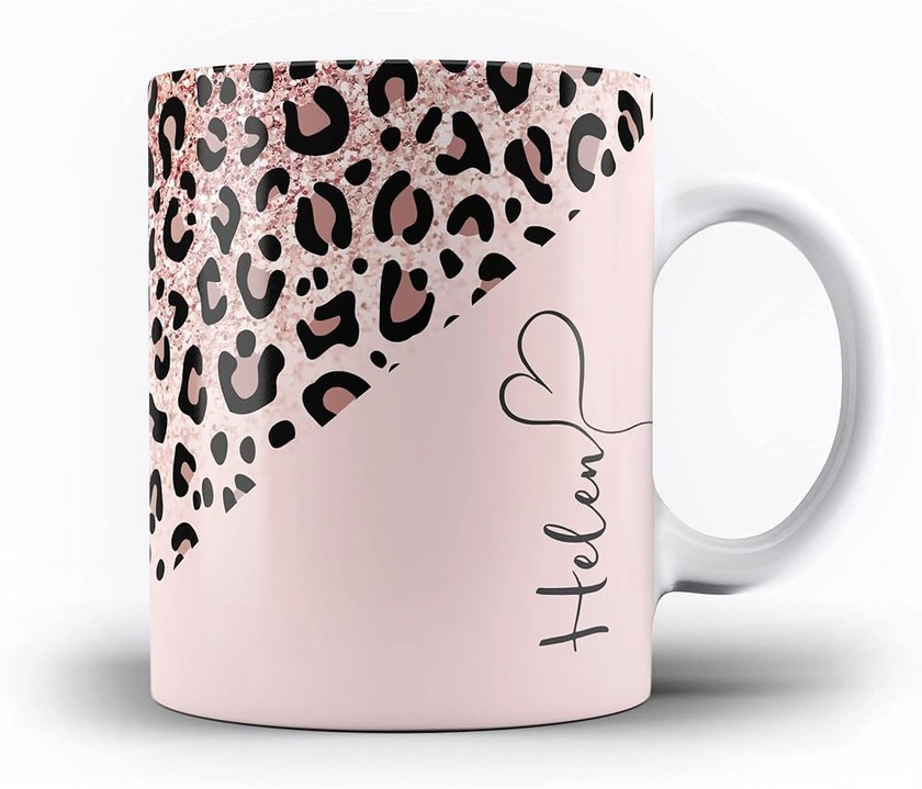 iCaseDesigner Personalised Animal Print Custom Name Mug - 5. Leopard Print Pink Sparkle Fade