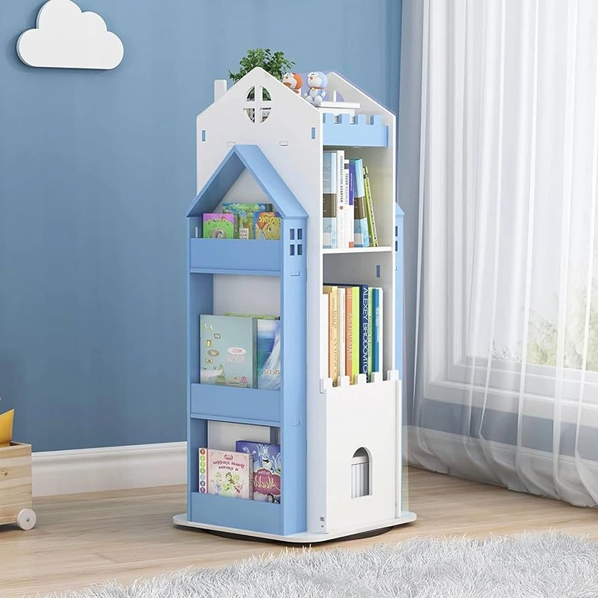 Nisorpa 3-Tier Rotary Bookshelf Creative Castle 360° Rotating Bookshelf Multi-functional Home Bookcase Children's Tall Bookcase Floor Standing Book Storage for Bedroom Living Room Study Office