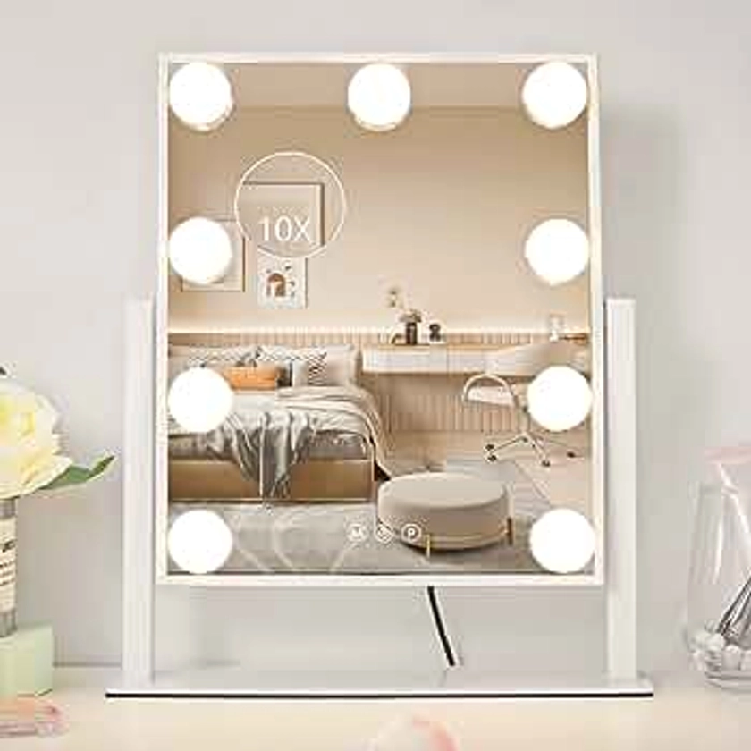 Vanity Mirror with Lights, Makeup Mirror with Lights,3 Color Lighting Modes Detachable 10X Magnification Mirror Touch Control,360°Rotation, White.