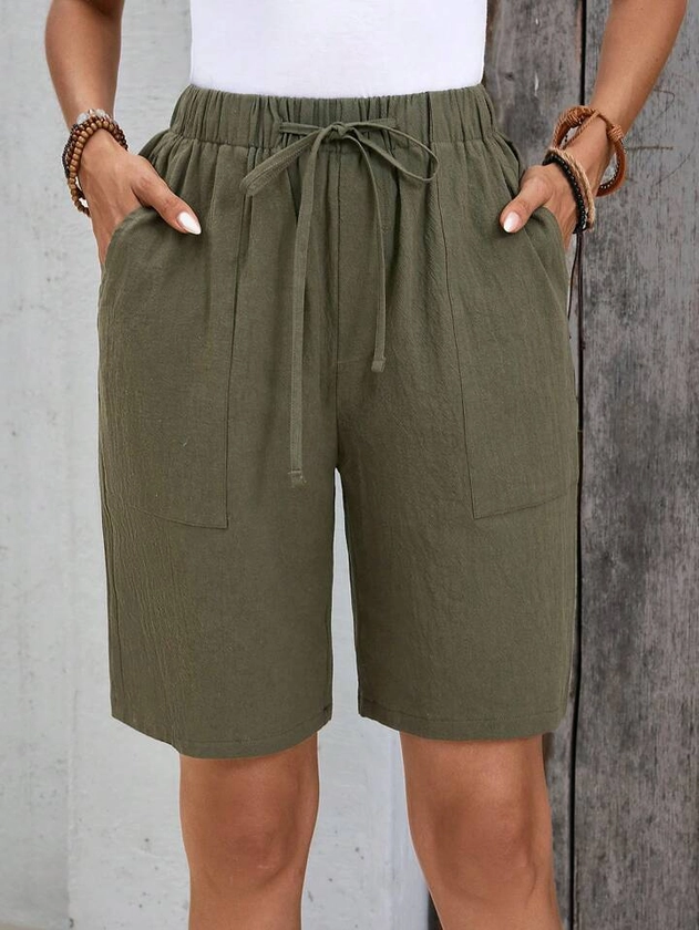 SHEIN JORESS Linen Bermuda Shorts And Linen Solid Color Loose Knee-Length High Waisted Basic Shorts With Side Pockets Fashionable Style | SHEIN EUQS