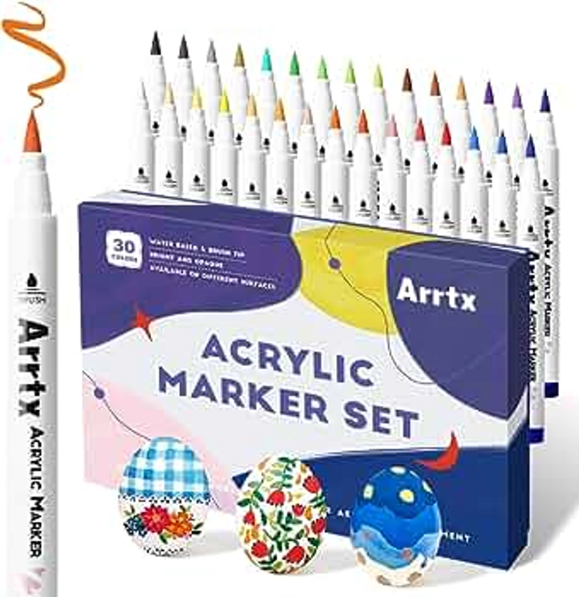 Arrtx 30 couleurs de crayons acryliques imperméables pour peindre à l'eau, pointe du pinceau, séchage rapide, stylos acryliques pour Roche, Bois, métal, Plastique, Verre, Toile