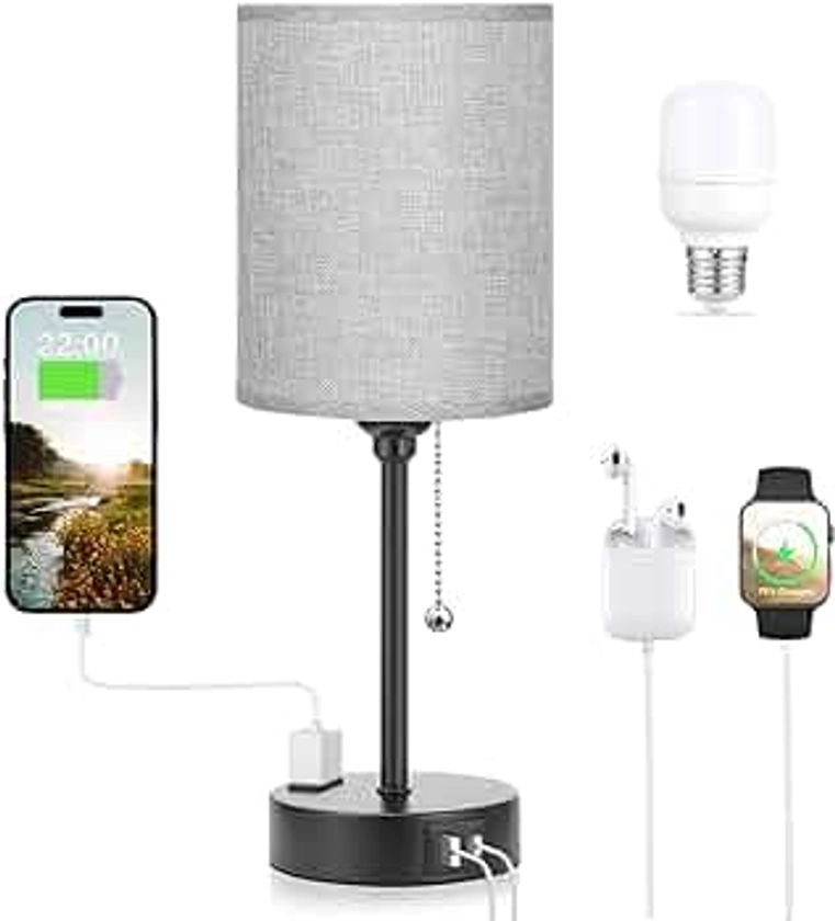 Grey Nightstand Lamps 3 Color Temperatures - 2700K 3500K 5000K Bedside Lamps with USB C and A Ports, Pull Chain Table Lamps with AC Outlet, Small Lamps with Black Metal Base for Sleeping Reading