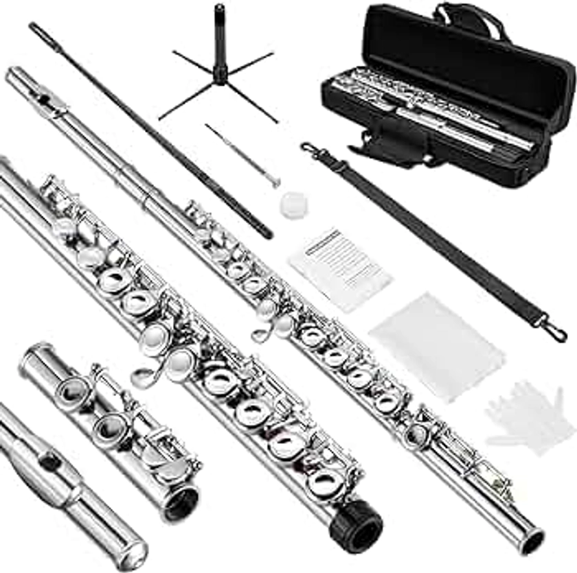 POGOLAB Flute, Closed-Hole C Flute 16 Keys, Student Flute with Split E & Offset-G, with Flute Case/Flute Cleaning Kit/Flute Stand/Probe Rod/Gloves/Grease, Nickel Flute for School Band Practice