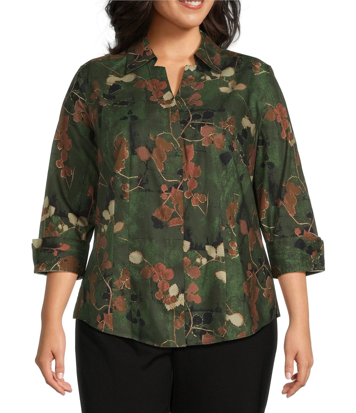 Investments Plus Size Taylor Gold Label Non-Iron Autumn Forest 3/4 Sleeve Button Front Shirt | Dillard's