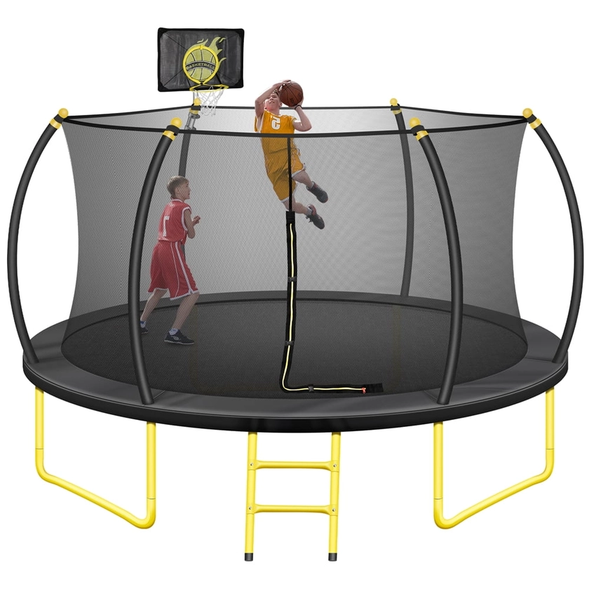 Trampoline 10FT 12FT 14FT 16FT Recreational Trampoline with Basketball Hoop for Kids Adults, Outdoor Trampoline with Safety Enclosure Net and Ladder, Black & Yellow