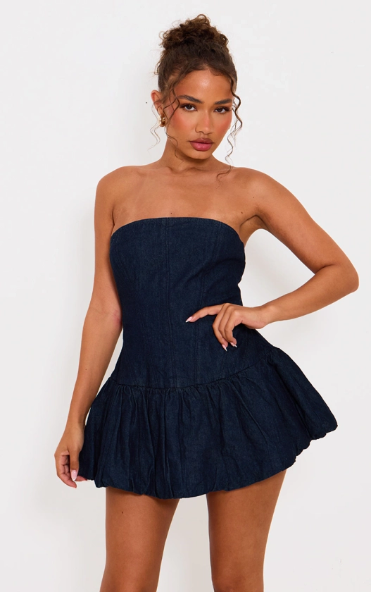 Petite Dark Blue Denim Puffball Mini Dress