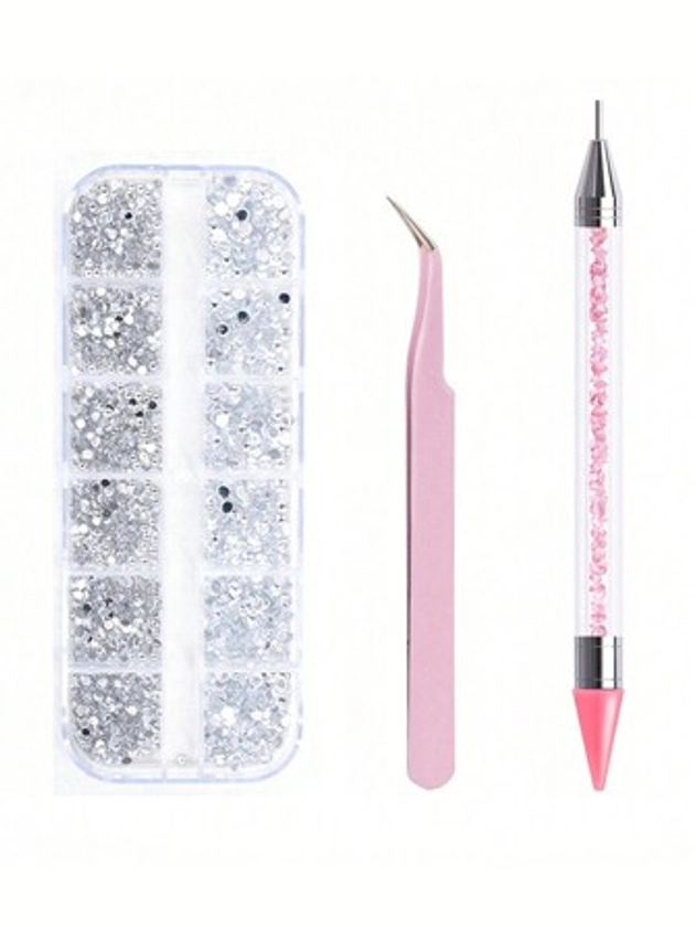 3pcs/Set Nail Art Tool Kit With Pink Dotting Pen, Tweezers, Flat Bottom Drill In Long Box Pack DIY Nail Charms Nail Gems Nail Supplies