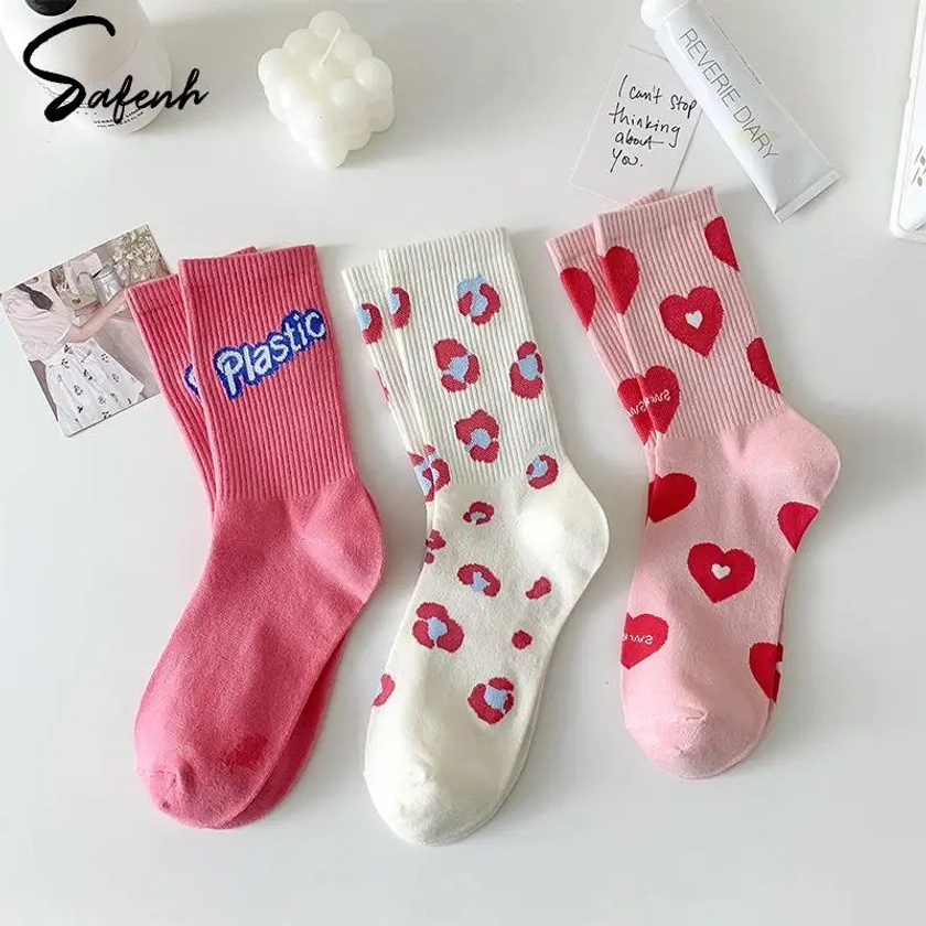 Женские хлопковые носки с розовыми сердечками на AliExpress