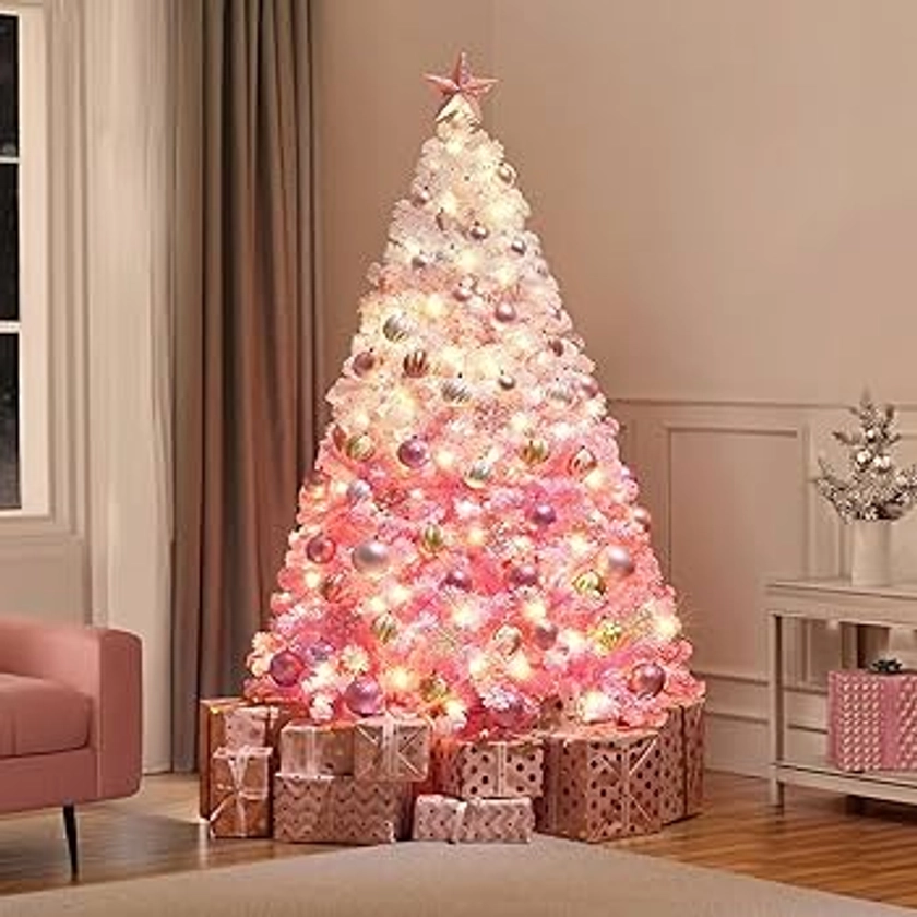 Yaheetech 6ft Pre-lit Artificial Christmas Tree with 250 Incandescent Warm White Lights, Snow Flocked Full Prelighted Xmas Tree with 820 Branch Tips & Foldable Stand, Pink Gradient