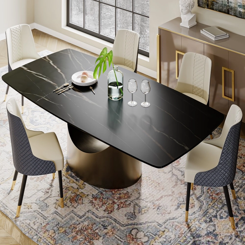 Hobart Modern Rectangular Dining Table with Sintered Stone Tabletop, Carbon Steel, for Kitchen and Dining Room
