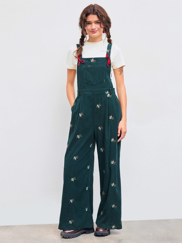 Corduroy Square Neck Floral Embroidery Pocket Wide Leg Jumpsuit