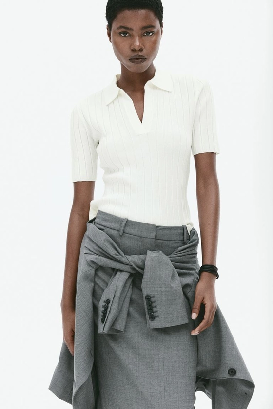 Rib-knit Top with Collar - White - Ladies | H&M US