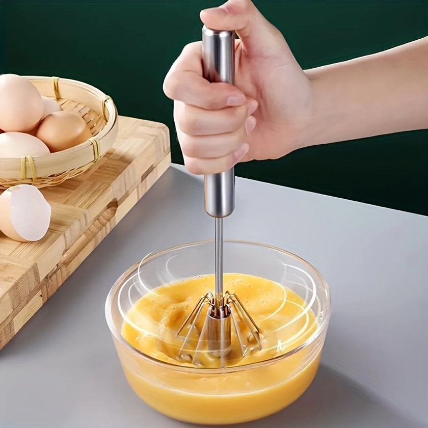 1pc, Semi Automatic Egg Whisk, Stainless Steel Hand Push Whisk, Egg Beater, Egg Blender, Stainless Steel Egg Whisk For Blending, Whisking, Beating, St