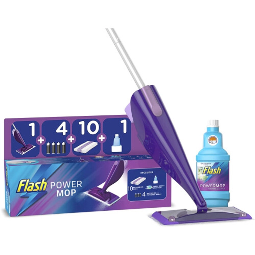 Flash Powermop Starter Kit, Mop + 10 Absorbing Refill Pads + 500 ml Cleaning Solution + 4 Batteries, Fresh on OnBuy