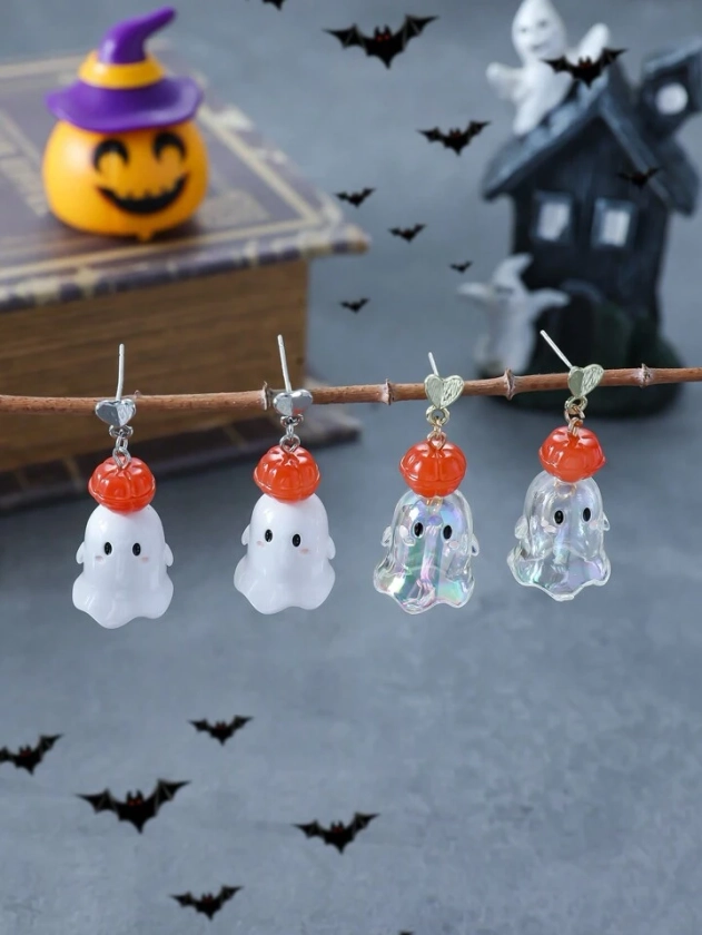 2 piezas Pendientes de Halloween con cara de fantasma, pendientes de fantasma con corazón de calabaza, pendientes lindos de vacaciones, regalo de Halloween para amigos