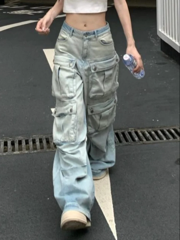 Sazo Washed Denim Blue Multi-Pocket High Waist Straight Leg Cargo Jeans Pants