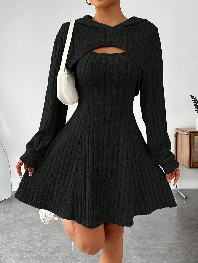 Solid Color Ribbed Dress Set Long Sleeve Hoodie Shrug Top - Temu