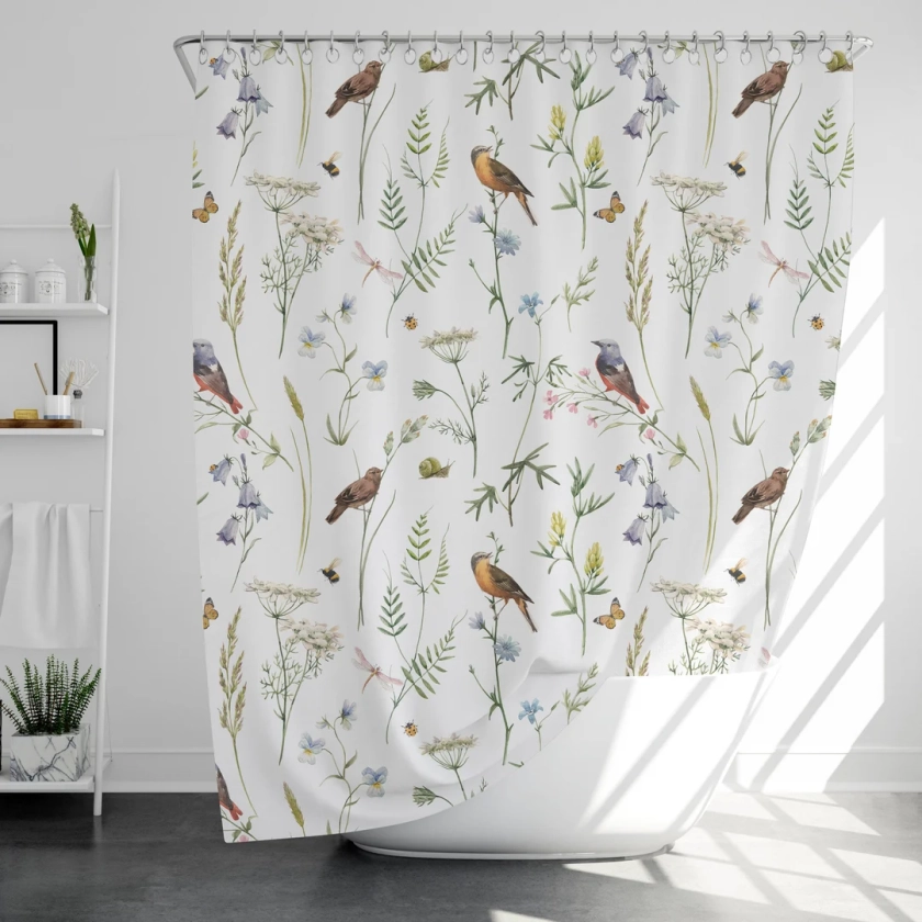 Flowers and Birds Shower Curtain With 12 Hooks, 100% Waterproof, Japanese Style Bathroom Decor, Housewarming Gift - Etsy UK