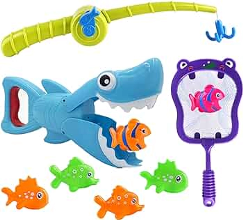INvench 9 Pcs Fun Bath Toys - Mould Free Fishing Games Shark Grabber Bath Toys with Fish Net Bathtub Toy Baby Kids Bath Toys for 2 3 4 Years Olds