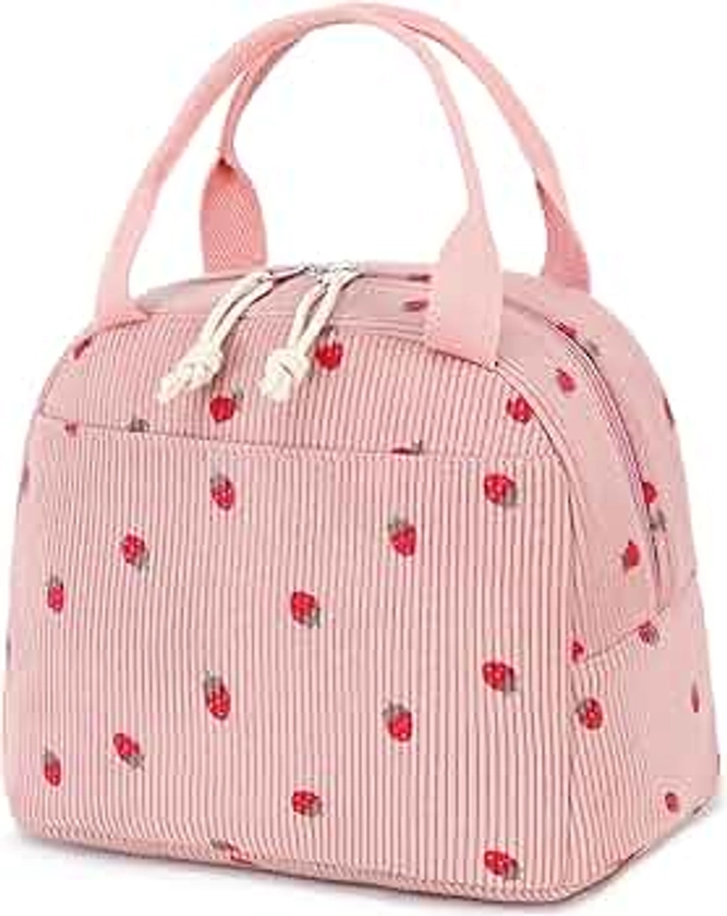 Bluboon Lunch Bag for Women Men Cute Corduroy Lunch Tote Bags Reusable Insulated Lunch Box Large Capacity Reusable Insulated Cooler for Work Picnic or Travel (Corduroy strawberry pink)