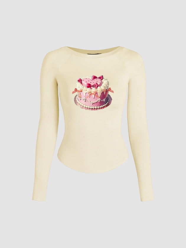 Boat Neck Cake Bowknot Graphic Long Sleeve Tee