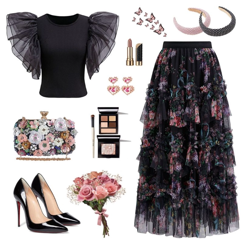 Fairy Dream Floral Ruffle Mesh Midi Skirt in Black