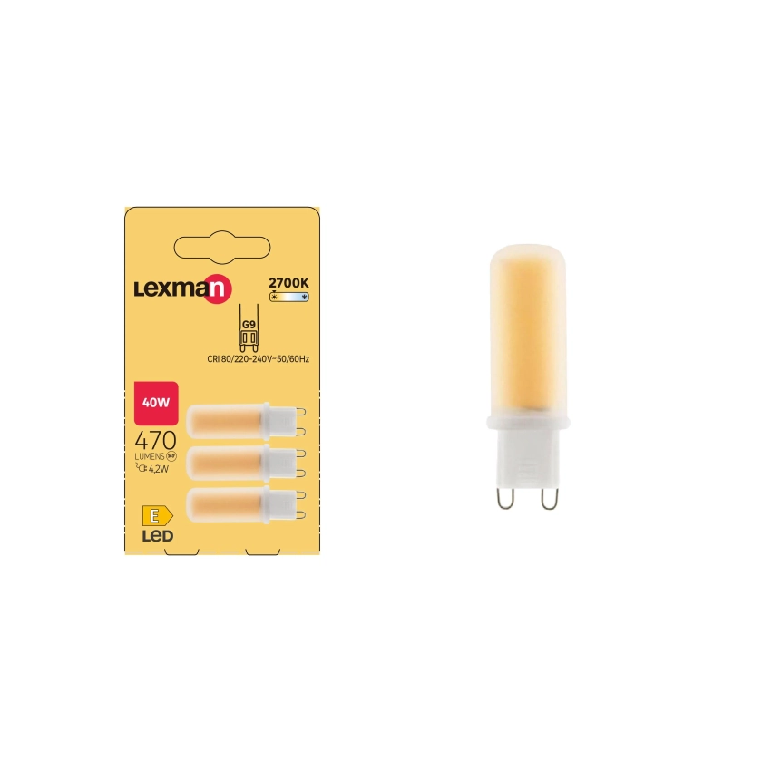 Lot de 3 ampoules led, capsule G9, 470lm = 40W, blanc chaud, LEXMAN | Leroy Merlin