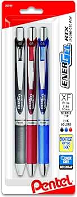 Pentel EnerGel RTX Retractable Liquid Gel Pen, (0.3mm) Needle Tip, Extra Fine Line, Assorted Ink, 3-Pk (BLN73BP3M)