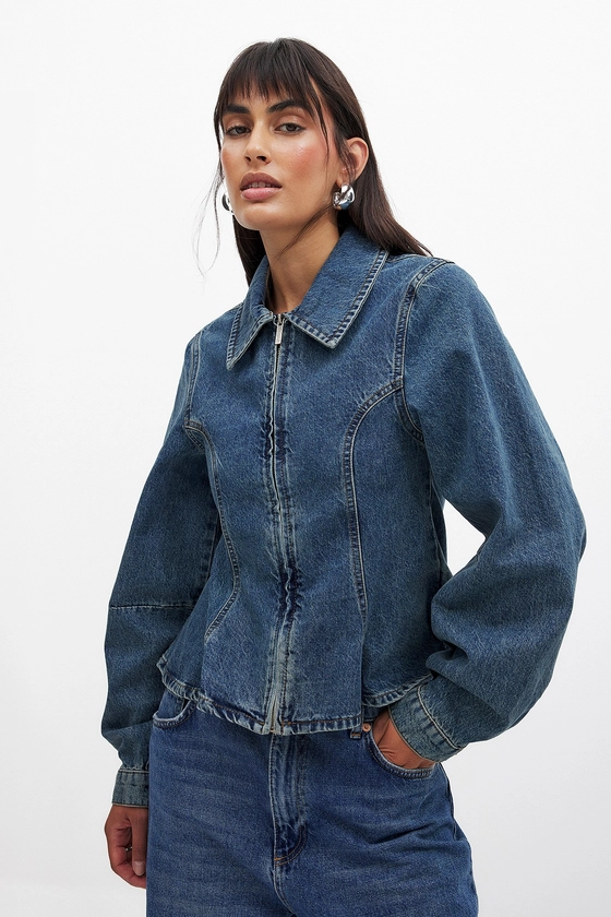 Marked Waist Denim Jacket Blue