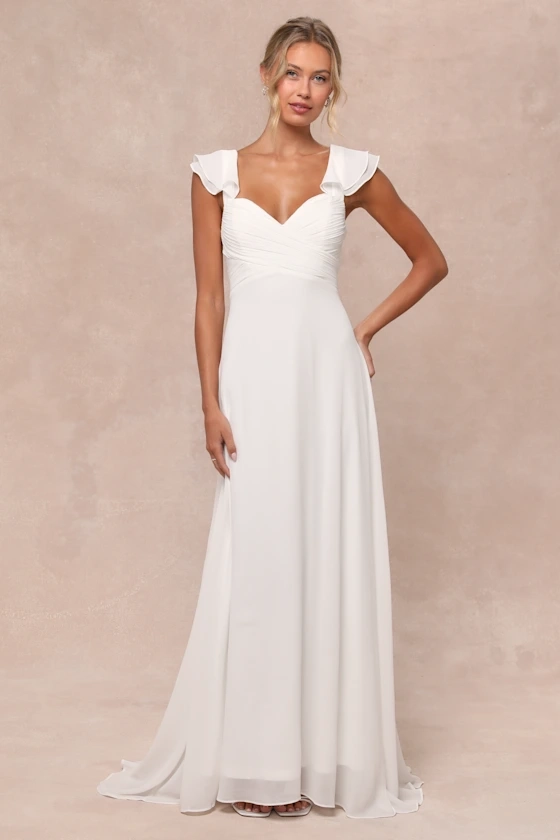 Heavenly Romance White Pleated Flutter Sleeve Lace-Up Maxi Dress