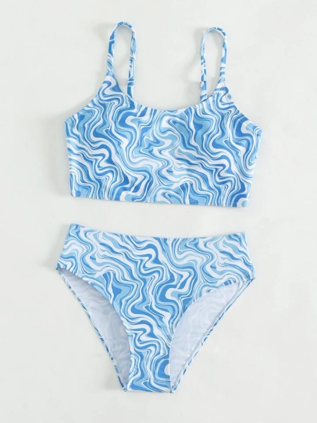 SHEIN Teen Girls Fluid Pattern Print Bikini Swimsuit