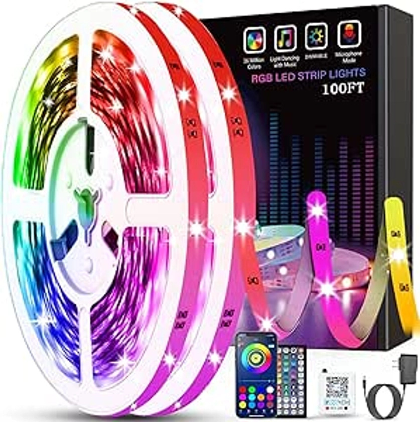 Amazon.com: Tenmiro Led Lights for Bedroom 100ft (2 Rolls of 50ft) Music Sync Color Changing Strip Lights with Remote and App Control RGB Strip, for Room Home Party Decoration