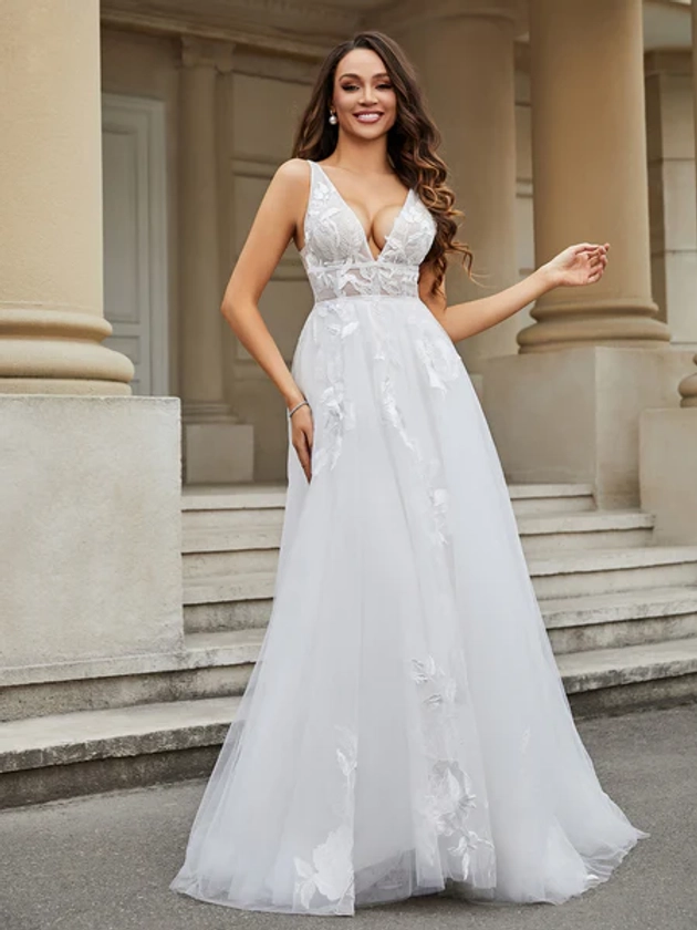 Robe de Mariée en Tulle et Dentelle à Col en V Blanc