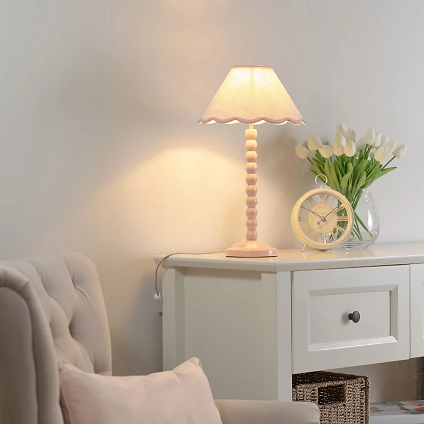 ValueLights Bobbles Rose Pink Bobbin Table Lamp with Pink Trim Scallop Shade - LED Bulb Included | DIY at B&Q