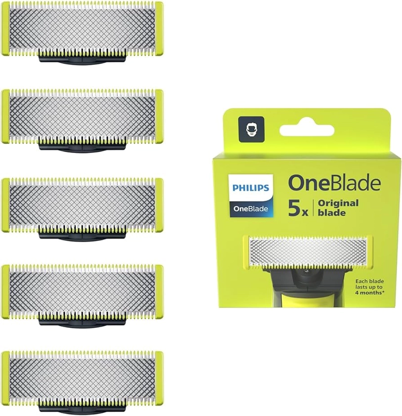 Philips OneBlade Original - Lames de rechange, pour rasoir/tondeuse électrique OneBlade, acier inoxydable robuste, taille, stylisation et rasage, lot de 5, (modèle QP250/50)