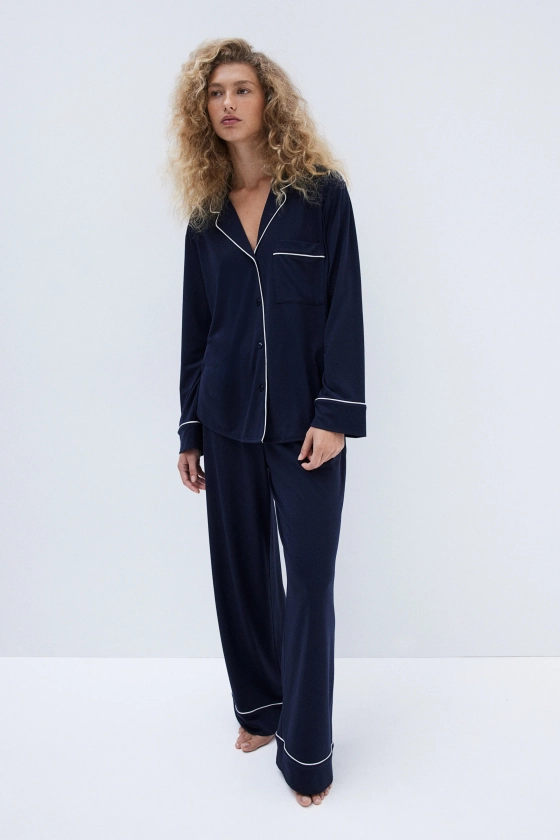 Pyjama shirt and bottoms - Long sleeve - Long - Navy blue - Ladies | H&M GB