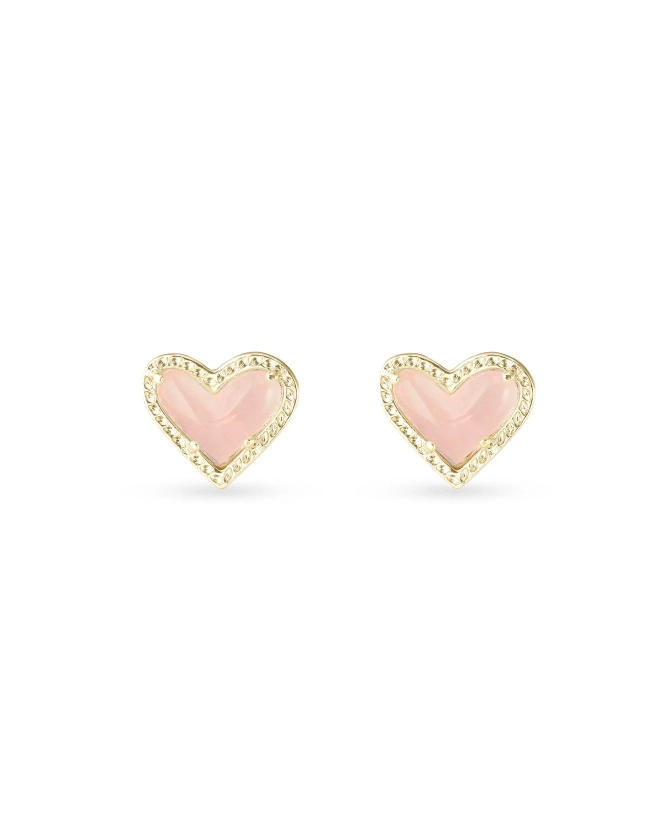 Ari Heart Gold Stud Earrings in Rose Quartz