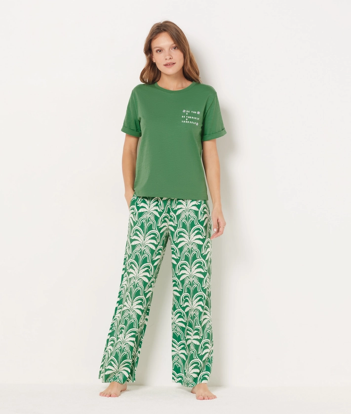 Pantalon de pyjama imprimé palmier coupe large 7/8ème