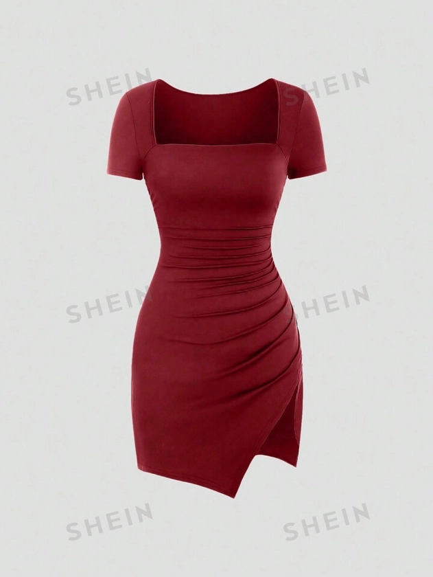 SHEIN MOD Women Summer Casual Solid Color Square Neck Pleated Slim Fit Dress With Slit