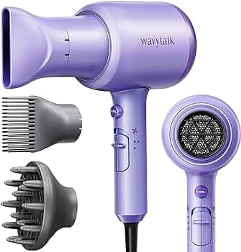 wavytalk Hair Dryer with Diffuser Professional Hair Dryer 1875W Diffuser Hair Dryer for Women with 3 Attachments Fasting Drying Light and Quiet Purple