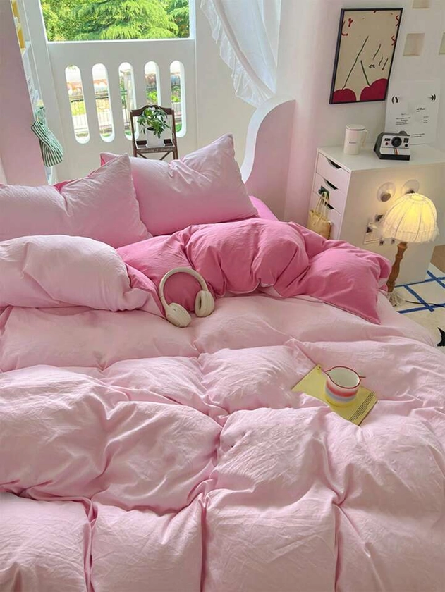 3pcs Pink Two-Tone Duvet Cover And Pillowcase Set | SHEIN UK