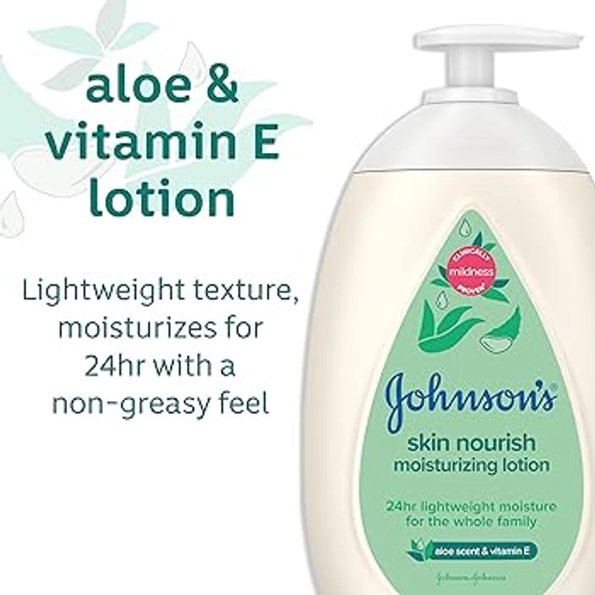Amazon.com: Johnson's Baby Skin Nourish Moisturizing Baby Lotion with Aloe Vera Scent & Vitamin E, Gentle & Lightweight Body Lotion for The Whole Family, Hypoallergenic, Dye-Free, 16.9 fl. oz : Baby