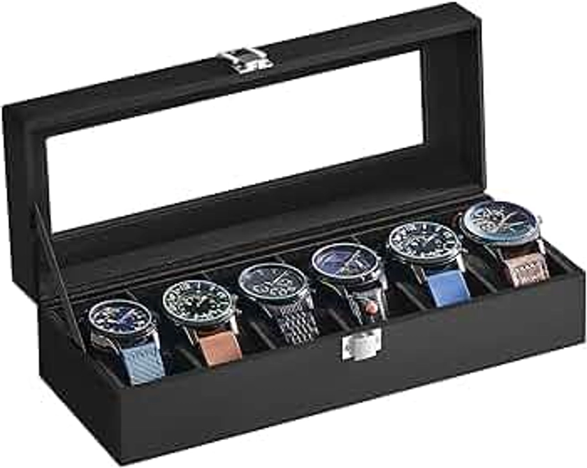 SONGMICS Watch Box with 6 Slots, Watch Case with Glass Lid, Watch Display Box with Removable Watch Pillows, Metal Clasp, Gift Idea, Black Synthetic Leather, Black Lining JWB06B01